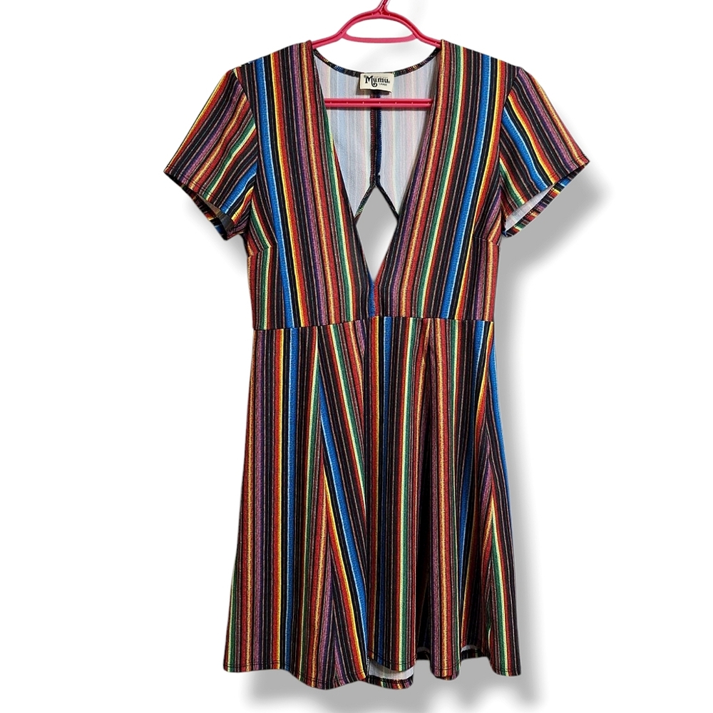 Show Me Your MuMu Plunge Neck Orange and Blue Mini Dress